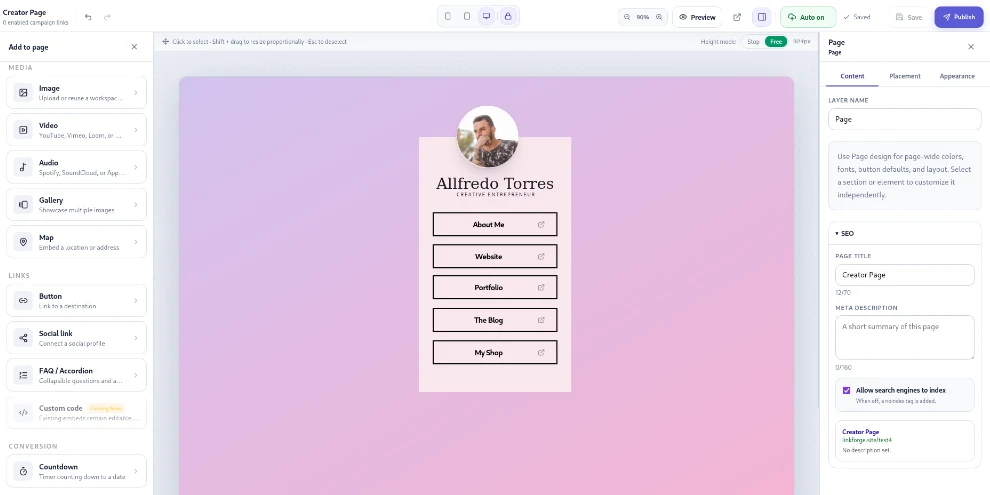 LinkForge Creator Page Visual Studio Editor and Canvas Interface