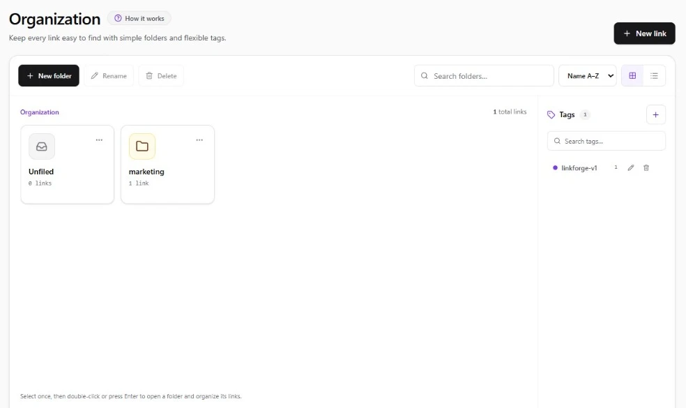 LinkForge Link Organization Dashboard with Folders and Tags